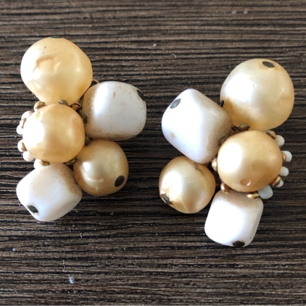 Vintage white & cream beaded clip on earrings